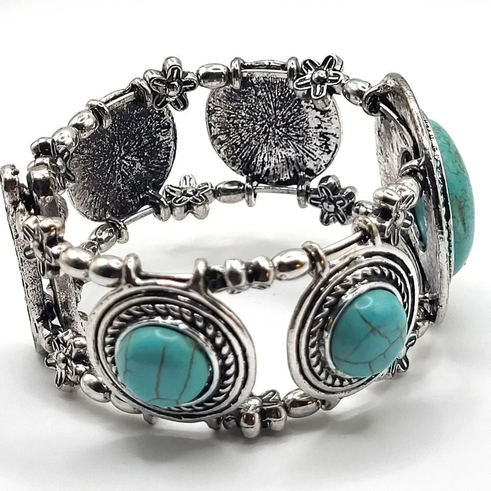 Vintage Southwestern Bohemian Turquoise Acrylic Silver Chunky Bangle Bracelet 8